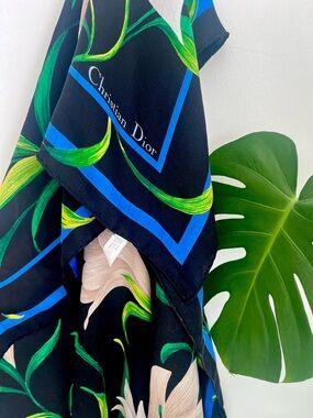 Christian Dior Vintage Black Floral Lilies Silk Scarf with Blue & Green Accents